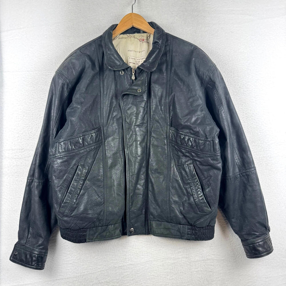 Vintage 80s 90s Neiman Marcus Mirage Mens 44 Black Leather Flight Bomber Jacket